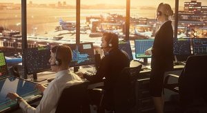 air traffic control professionals working in an airport tower