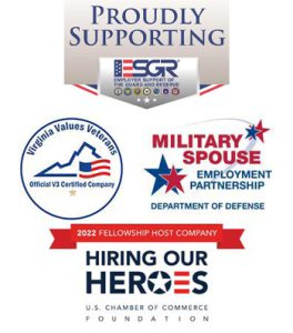 image of four logos: top, Employee Support of Guard and Reserve; middle row, Virginia Values Veterans seal and DoD Military Spouse Employment Partnership; bottom: 2022 Hiring Our Heroes Program US Chamber of Commerce