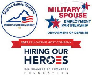 Logos for Virginia Values Veterans official V3 certified company, Military Spouse Employment Partnership DoD, 2022 Host Company for Hiring Our Heroes