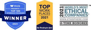 logos for WayUp Top 100 Intern Programs, Top Workplaces and World's Most Ethical Companies