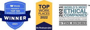 image of logos for Top 100 Intern Programs, Top Workplaces 2022 and World's Most Ethical Companies 2021